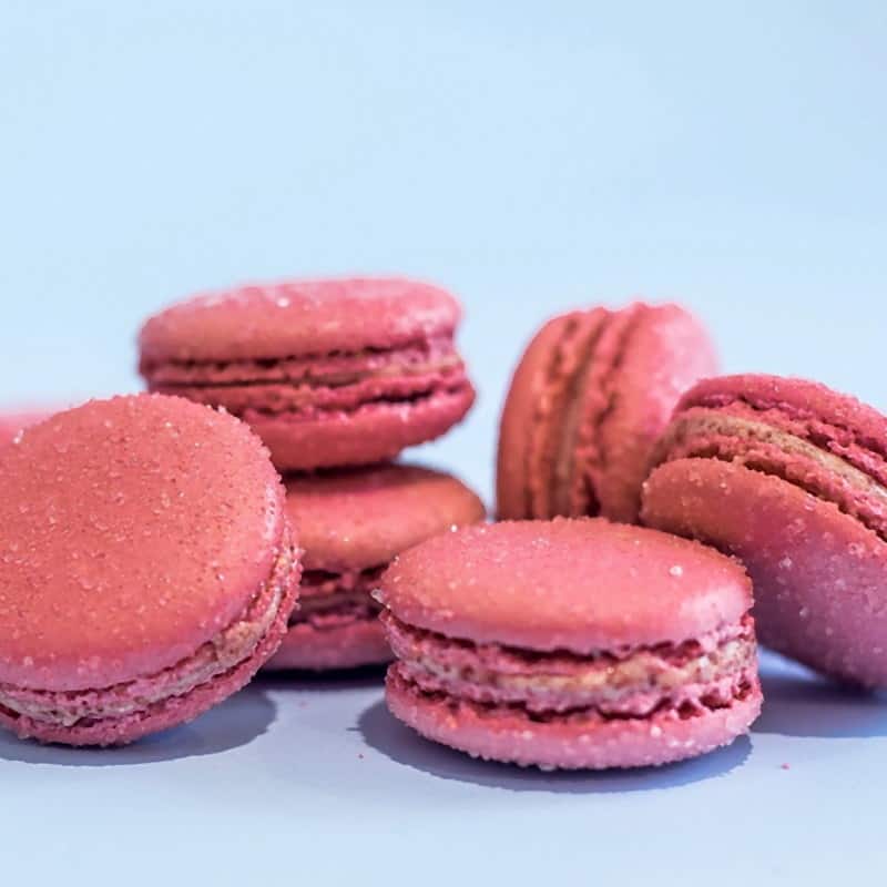 Pink rose macarons grouped on a pale blue surface