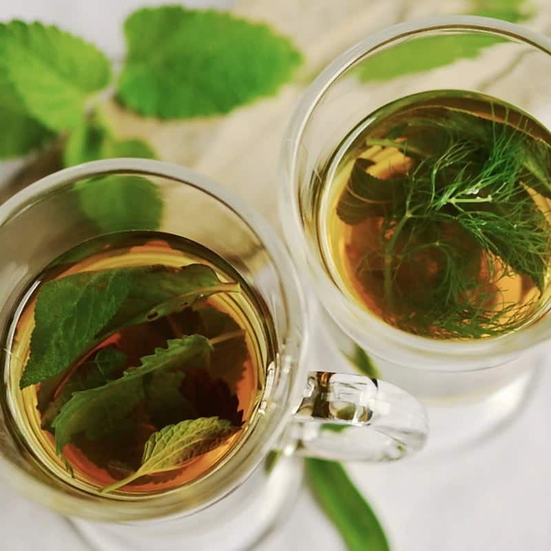 Two glass cups of herbal tisane with fresh mint and verbena