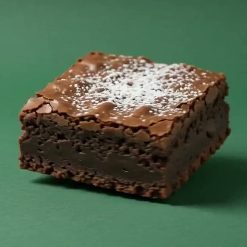 Dense flourless chocolate brownie dusted with icing sugar