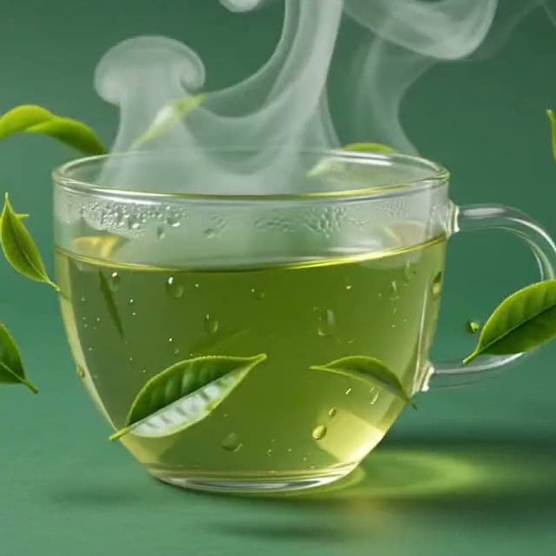 Iced green tea in a clear glass with fresh tea leaves