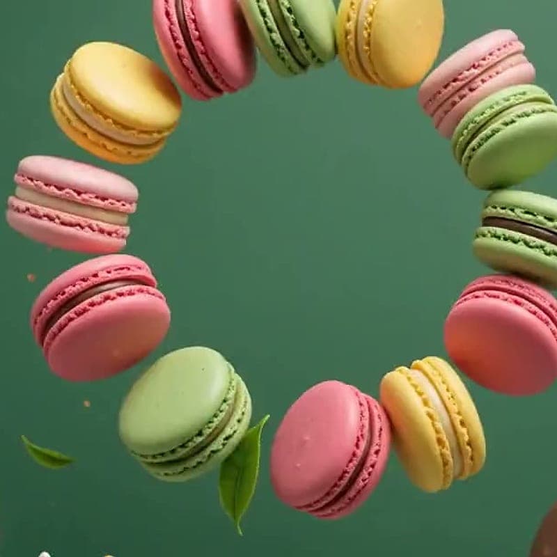 Assorted macarons in rose, pistachio, vanilla and chocolate