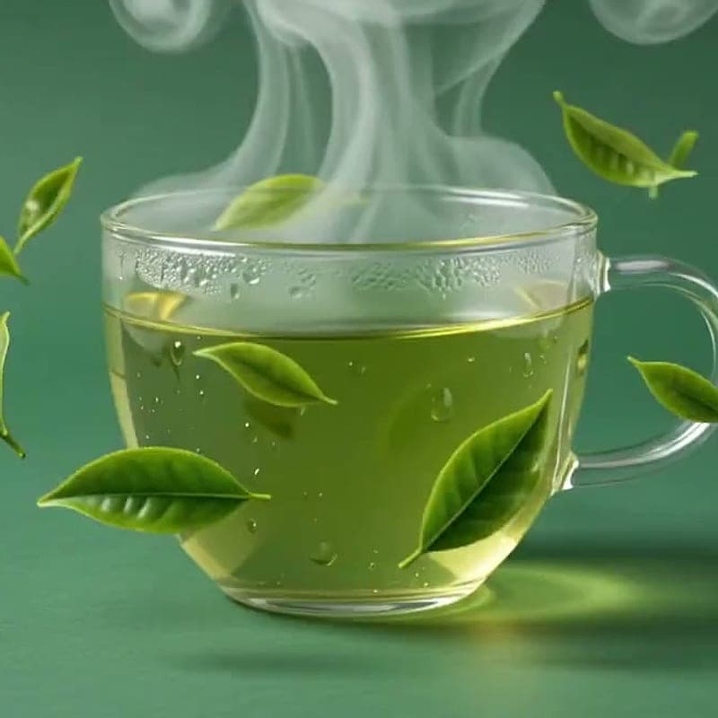 Ceremonial matcha latte in a glass cup with tea leaves alongside
