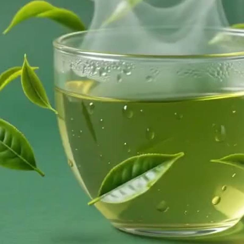 Herbal mint and verbena tisane steeping in a glass cup