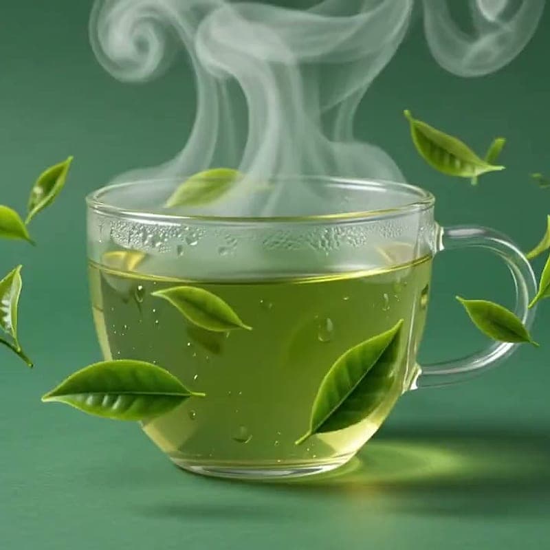 Glass cup of first-flush sencha green tea with fresh leaves
