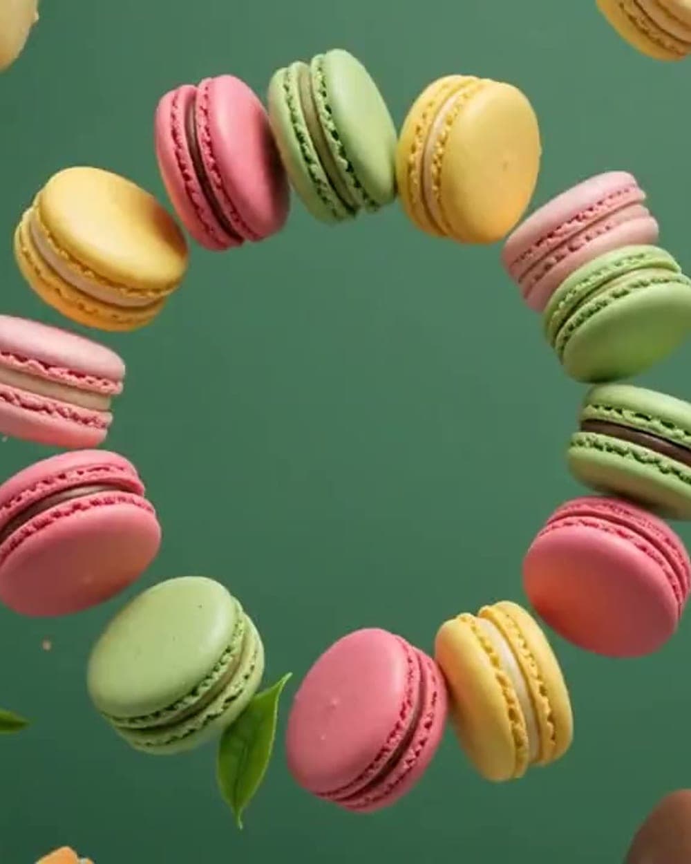 An assortment of macarons, tarts and cakes arranged on a deep green surface