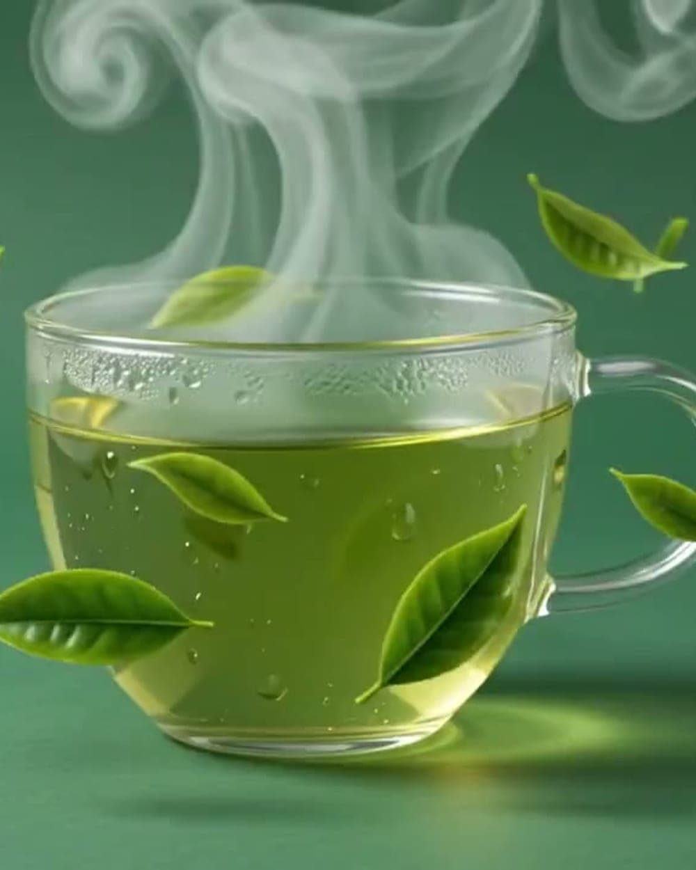 First-flush sencha steeping in a clear glass cup surrounded by fresh tea leaves