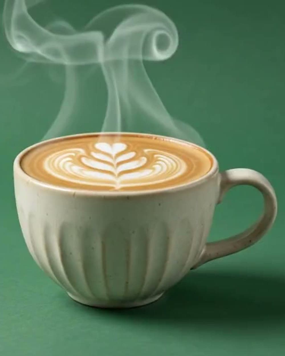 A cappuccino finished with a rosetta, poured into a fluted ceramic cup
